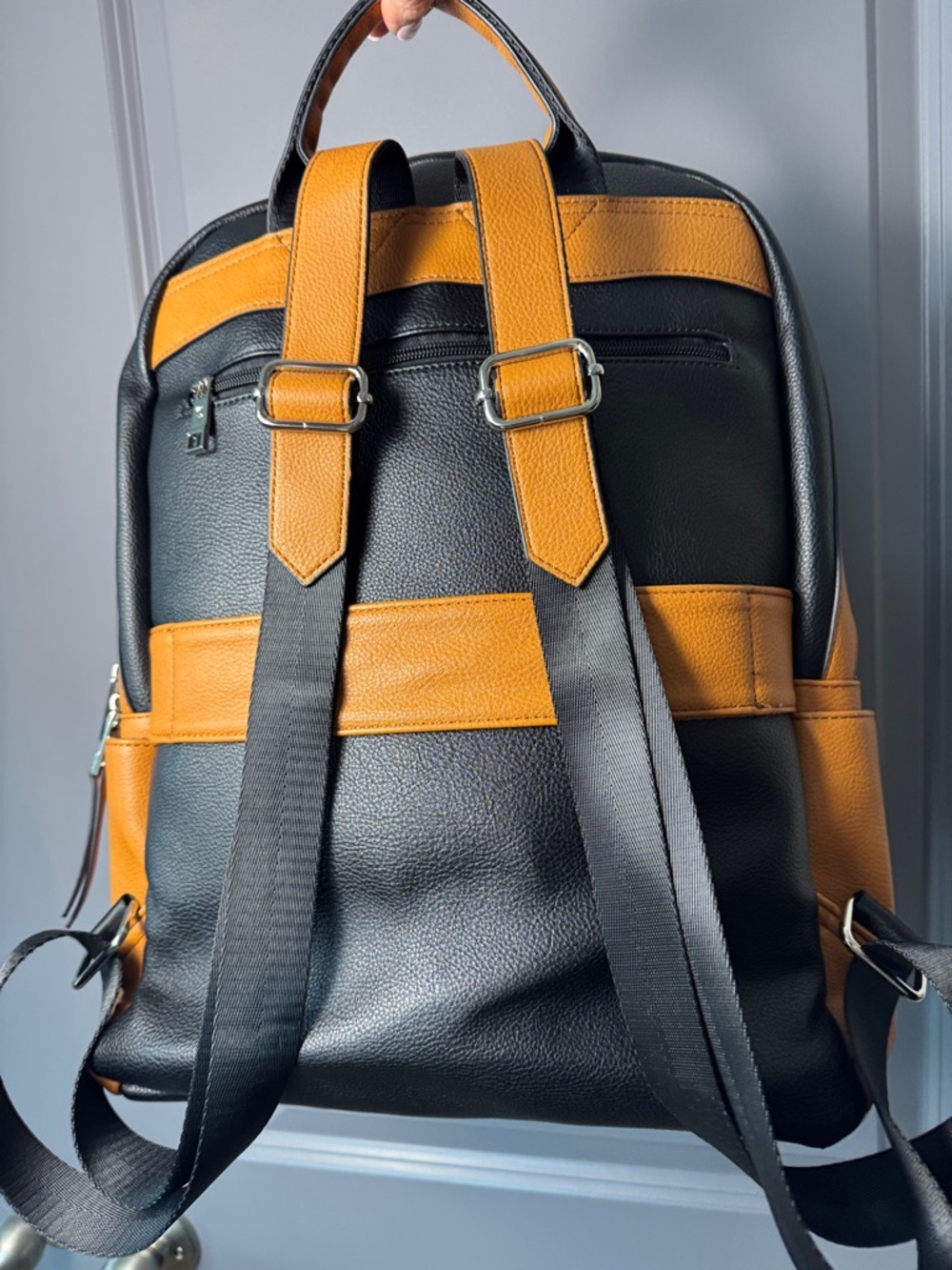 CLUCI Black & Cognac Vegan Leather Backpack Purse | Convertible Travel Bag